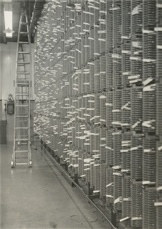A distribution frame where separate lines are brought together